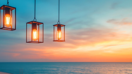 Vintage light lamp with sea and sky background - Vintage filter effectの写真素材