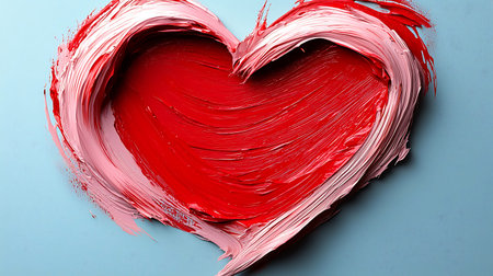 Heart shape made of red paint brush strokes on blue background, closeup