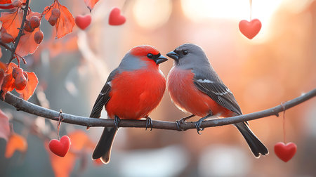Male and female bullfinch on a branch with red hearts.の写真素材