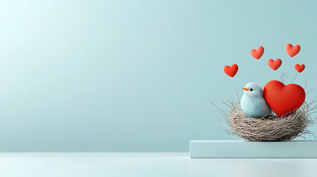 3D rendering of a bird in a nest with red hearts.の写真素材