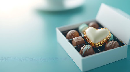 Box of assorted chocolates with heart in it on blue background