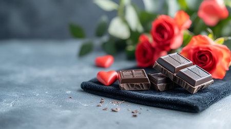 Chocolate bar and red rose flowers on stone table. Valentines day backgroundの写真素材