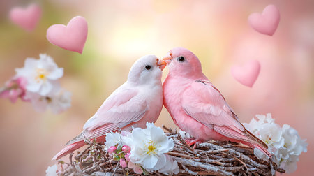 Two pink love birds sitting on a nest with flowers and hearts.の写真素材