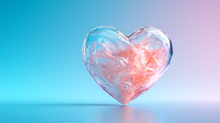 3d rendering of a glass heart on a blue and pink backgroundの写真素材