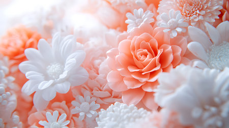 Coral and white artificial flowers, soft focus, vintage tone.