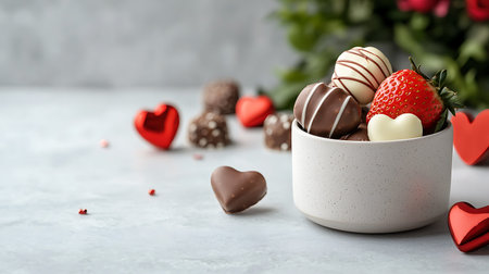 Heart shaped chocolate candies with strawberries in white bowlle tableの写真素材