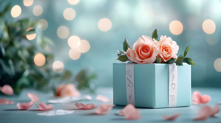 Gift box with pink roses on blue background with bokeh