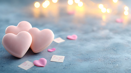Pink hearts on a blue background with bokeh lights. Valentine's Day concept.の写真素材