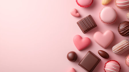 Valentine's Day background with chocolate hearts and sweets on pink background
