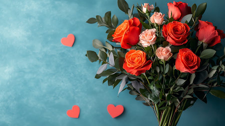 Valentine's day background with roses and hearts on blue background