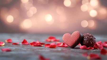 Chocolate candies with red rose petals on bokeh background