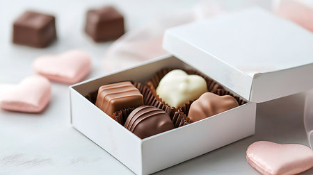 Box with delicious chocolates on white wooden table, closeupの写真素材