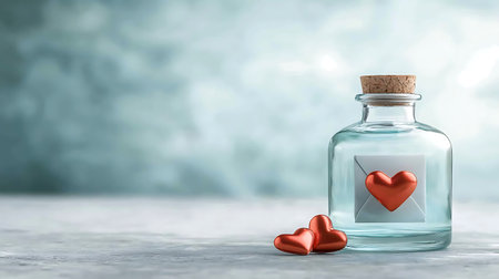 Love message in a bottle with two red hearts on a blue backgroundの写真素材