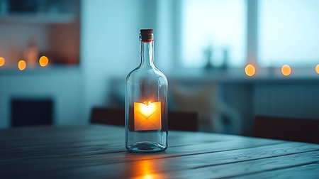 Message in a bottle on a wooden table in the kitchen at nightの写真素材