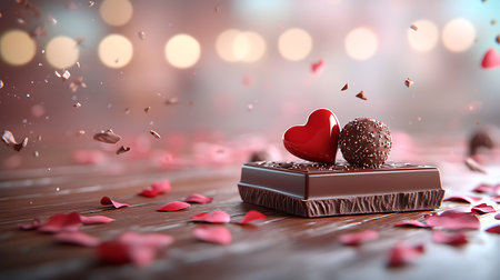 Chocolate bar with heart and confetti on bokeh backgroundの写真素材