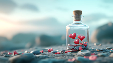 Valentine's day concept with heart in a bottle on the beachの写真素材