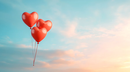 Red heart balloons on blue sky background. Valentine's day concept. 3D Renderingの写真素材
