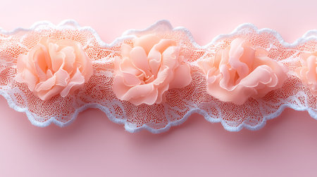White lace ribbon on pink background. Copy space. Top view.の写真素材