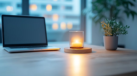 Laptop and candle on wooden desk in office. Work from home conceptの写真素材