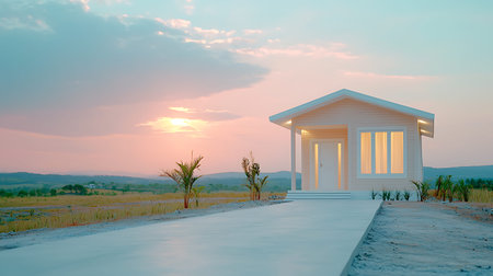 White house on the road in the field at sunset. 3d rendering