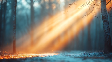 Sunset or sunrise in a winter forest with fog and rays of lightの写真素材