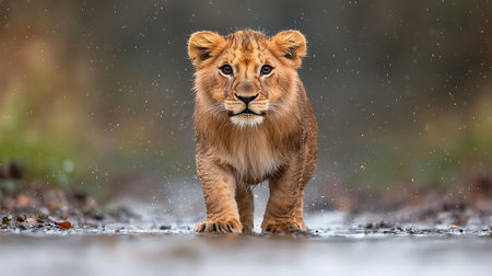 Lion cub (Panthera leo) in the rainの写真素材