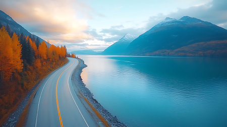 Mountain road on the lake at sunset. 3d rendering.