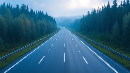 Highway in the forest with fog in the morning, Finland.の写真素材