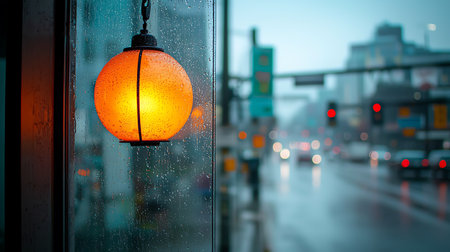 Orange lamp with rain drops on the glass of the window in the cityの写真素材