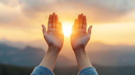 Hands of woman praying to god with sunset sky background, worship concept