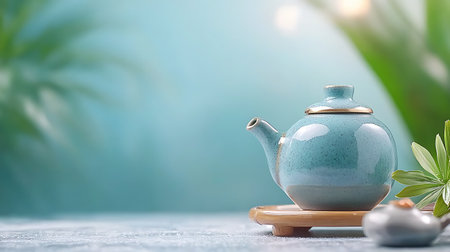 Ceramic teapot on a wooden tray on a blurred backgroundの写真素材