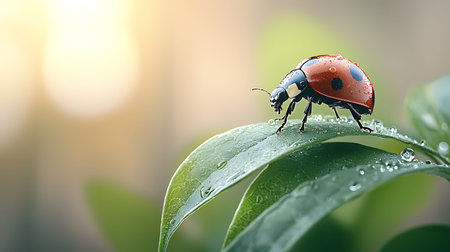 ladybug on green leaf in nature background. soft focus.