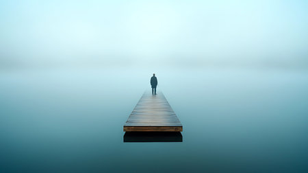 Man standing on a wooden pier on a lake in a foggy dayの写真素材