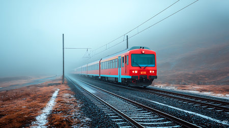 Red train on the railway in a foggy day. 3d renderingの写真素材