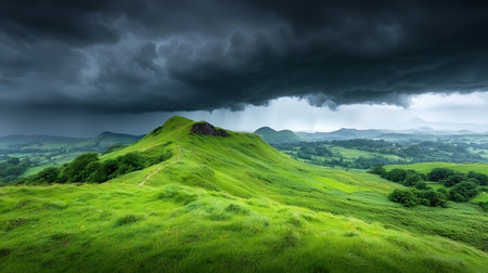 Dramatic stormy sky over green hills in England, UKの写真素材