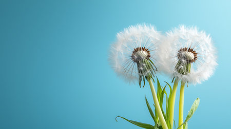 White dandelion flower on blue background with copy space for textの写真素材