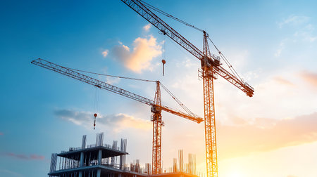 Construction site with cranes and building silhouettes against blue sky.