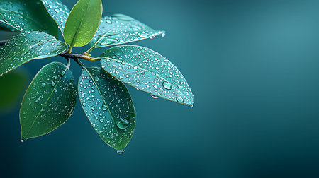 Close up of green leaf with water drops. Nature background and wallpaper