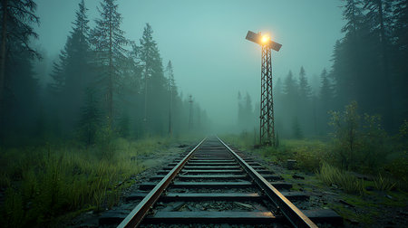 Railway in the foggy forest at night. 3d renderingの写真素材