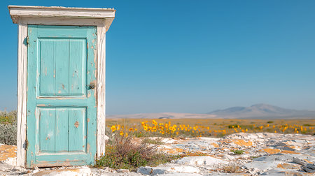 Old blue door in the desert with yellow flowers in the foreground.の写真素材