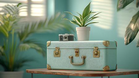 Vintage travel suitcase and camera on wooden table. 3d renderの写真素材