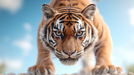 Close up of a tiger with blue sky background. 3d rendering