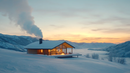 3d rendering of a chalet in the mountains at sunsetの写真素材