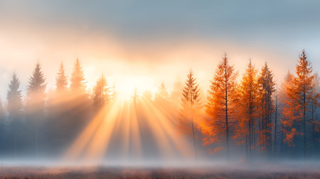 Foggy morning in the coniferous forest. Sunrise.の写真素材