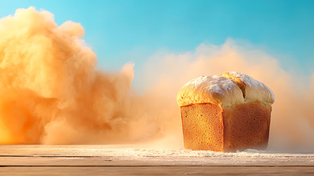 Cake on a wooden table against the background of smoke.の写真素材