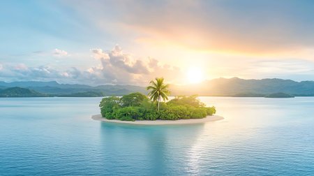 Small island with palm trees in the ocean at sunset. 3d render