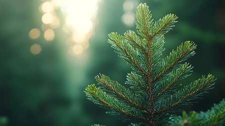 Fir tree branch in the sunlight. Christmas background with copy space