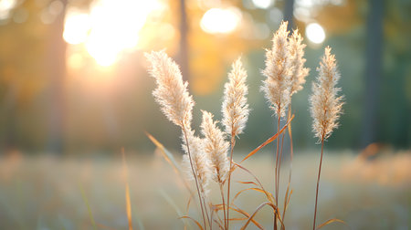 Grass in the sun at sunset. Beautiful nature background with copy space.の写真素材