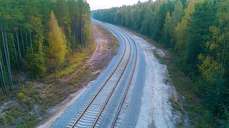 Aerial view of railway tracks in autumn forest. View from above.