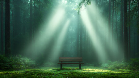Wooden bench in the green forest with rays of light and fogの写真素材
